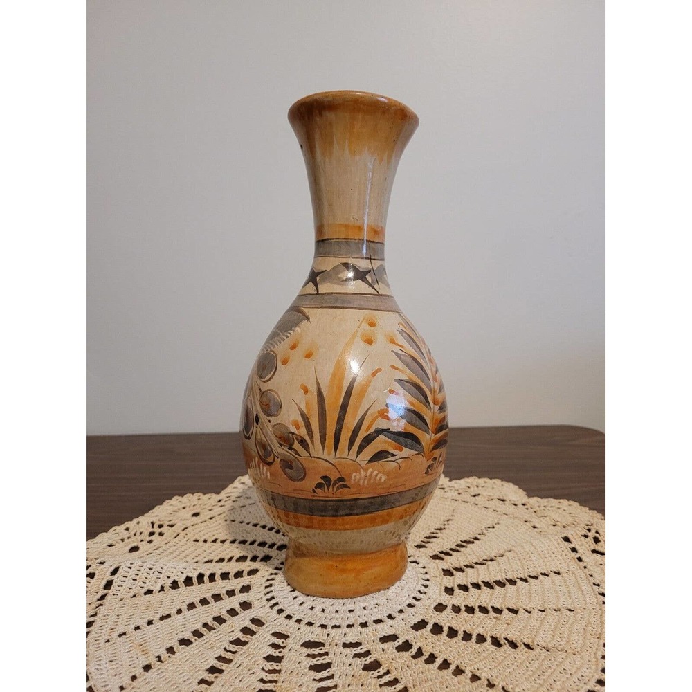 Vintage Mexico Tonala Pottery Vase Clay Painted Floral